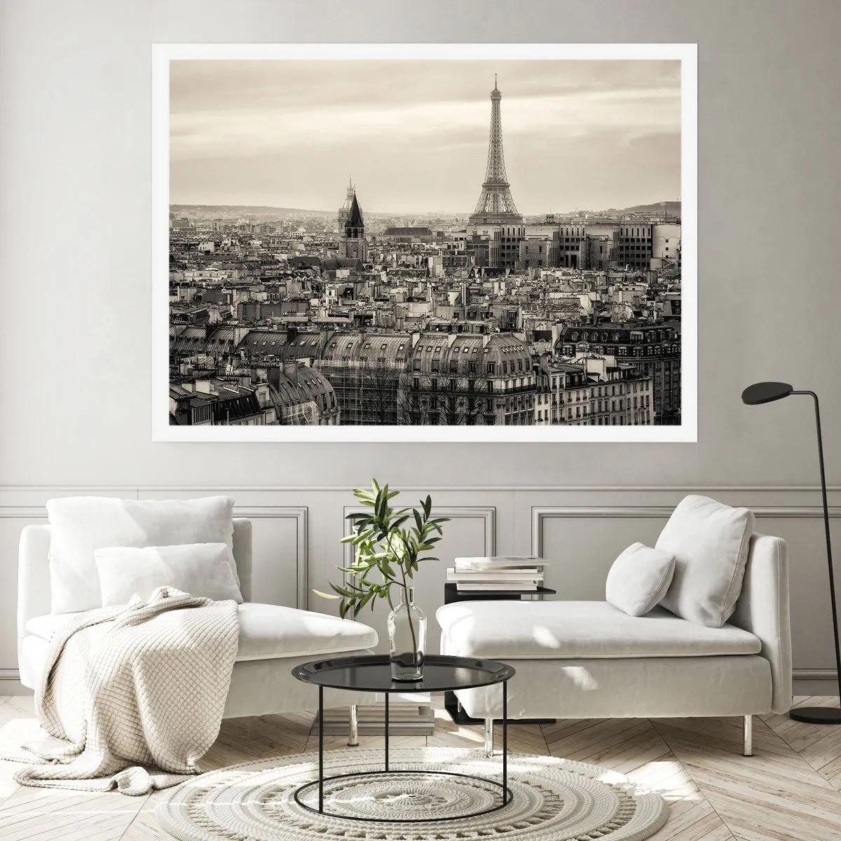 Poster - Panorama von Paris mit dem Eiffelturm in Sepiatönen - 100x70cm - Über den Dächern von Paris - Moderne Wanddekoration für Wohnzimmer und Schlafzimmer ARTTOR