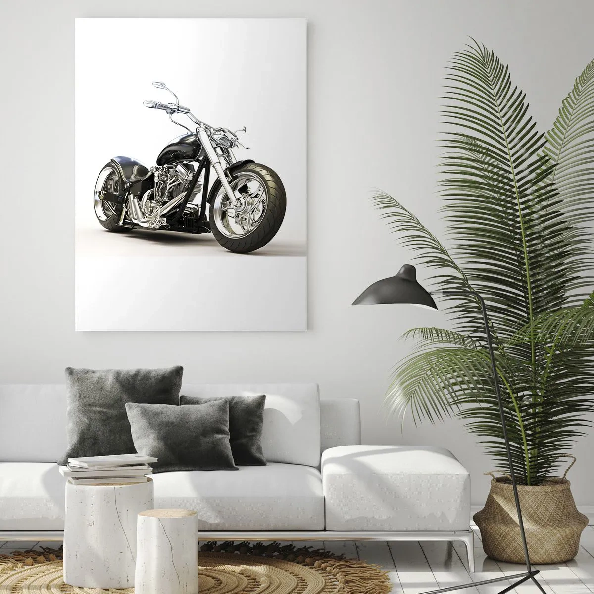 Glasbild - Bild auf glas - Ein schwarzes Chopper-Motorrad auf hellem Hintergrund - 50x70cm - Stärke mit Charakter - Moderne Wanddekoration für Wohnzimmer und Schlafzimmer ARTTOR