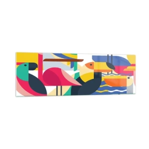 Glasbild - Bild auf glas - Bunte Vögel in einer abstrakten, geometrischen Komposition - 160x50cm - Vogelparty - Moderne Wanddekoration für Wohnzimmer und Schlafzimmer ARTTOR