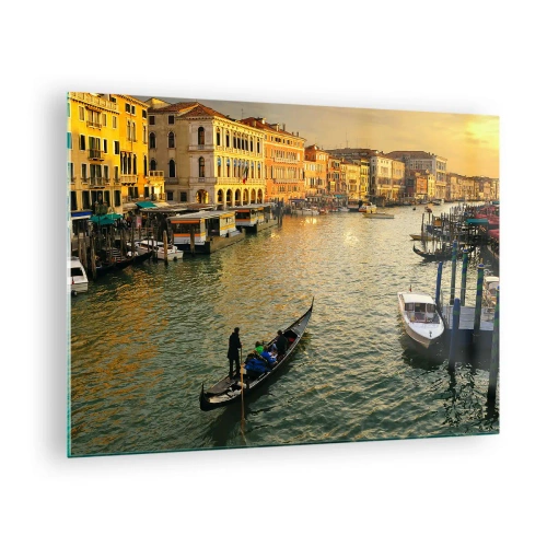 Glasbild - Bild auf glas - Sonnenuntergang über einem Kanal in Venedig mit Gondeln - 70x50cm - Auf der Sonnenseite der Straße - Moderne Wanddekoration für Wohnzimmer und Schlafzimmer ARTTOR