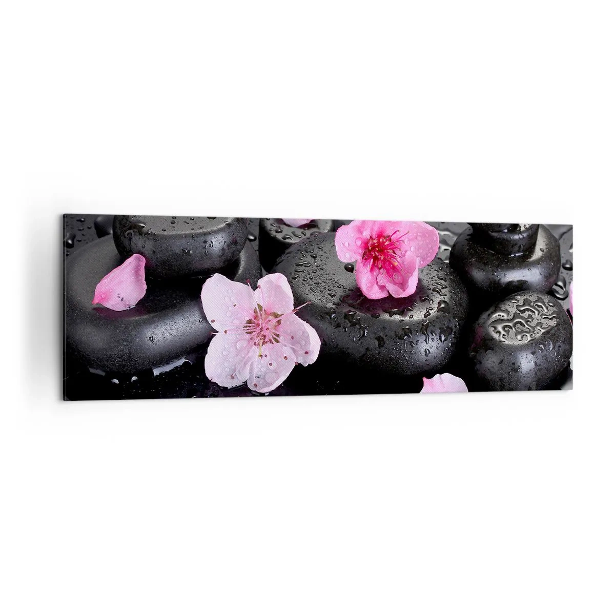 Bild auf Leinwand - Leinwandbild - Schwarze Steine und rosa Blumen im Spa-Stil - 160x50cm - Und der Stein fällt vom Herzen - Moderne Wanddekoration für Wohnzimmer und Schlafzimmer ARTTOR