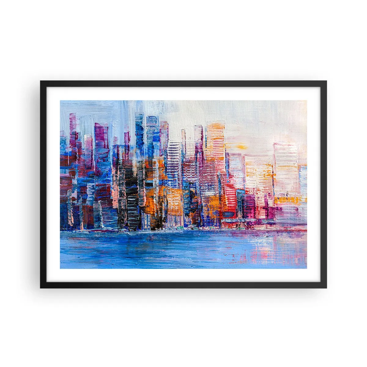 Poster in einem schwarzem Rahmen - Ein farbenfrohes Panorama der Stadt mit Spiegelungen auf dem Wasser - 70x50cm - Fröhliche Metropole - Moderne Wanddekoration für Wohnzimmer und Schlafzimmer ARTTOR