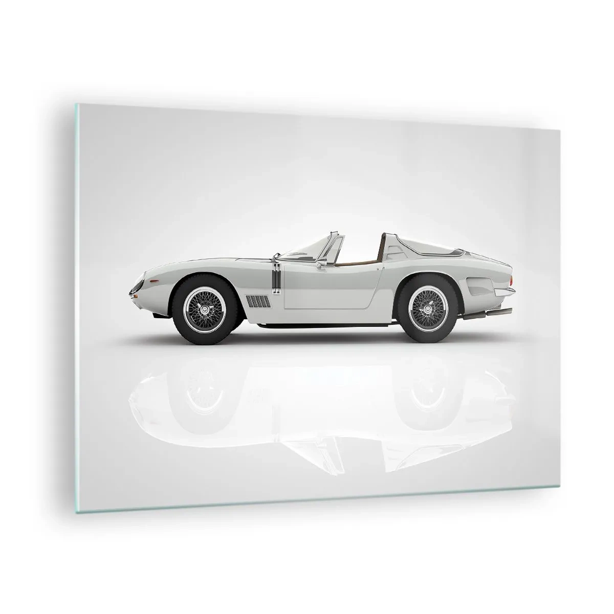 Glasbild - Bild auf glas - Ein klassisches weißes Cabrio vor minimalistischem Hintergrund mit Reflexionen. - 70x50cm - Spaß versprochen - Moderne Wanddekoration für Wohnzimmer und Schlafzimmer ARTTOR