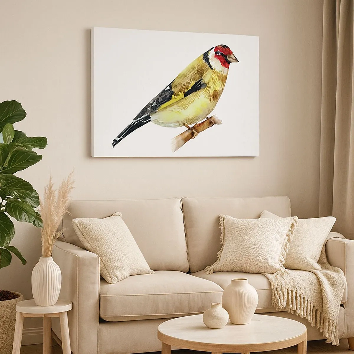 Bild auf Leinwand - Leinwandbild - Ein Vogel mit rotem Kopf auf einem Ast - 70x50cm - Vogelporträt - Moderne Wanddekoration für Wohnzimmer und Schlafzimmer ARTTOR