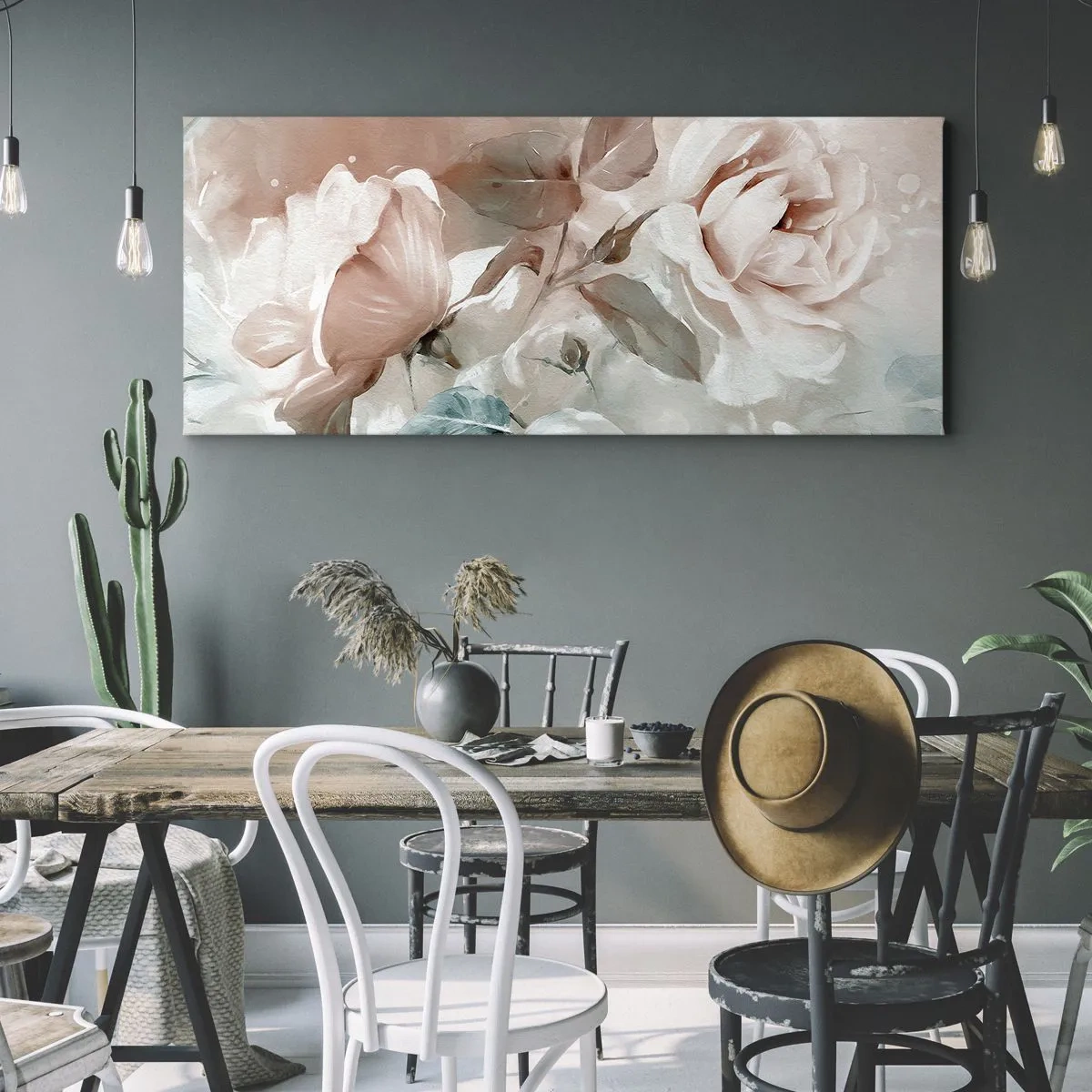 Bild auf Leinwand - Leinwandbild - Zarte Rosen in Pastelltönen auf hellem Untergrund - 140x50cm - Geist der Romantik - Moderne Wanddekoration für Wohnzimmer und Schlafzimmer ARTTOR
