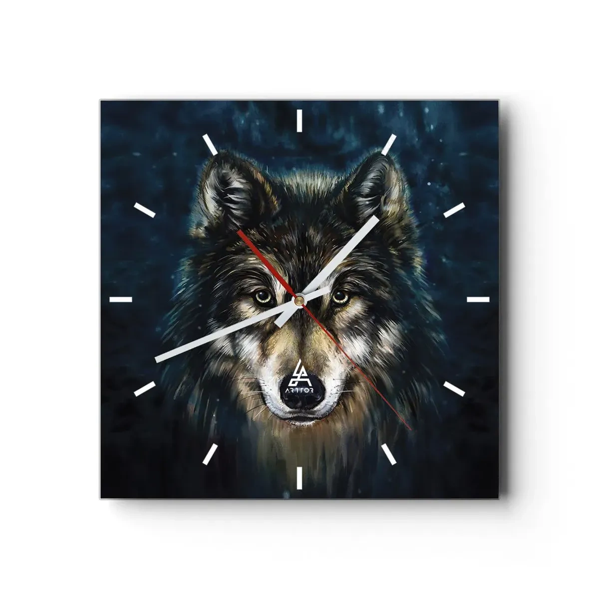 Wanduhr - Glasuhr - Porträt eines Wolfes auf dunkelblauem Hintergrund - 30x30cm - Alpha? Und Omega - Moderne Wanddekoration für Wohnzimmer und Schlafzimmer ARTTOR