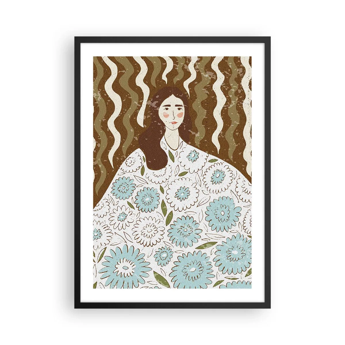 Poster in einem schwarzem Rahmen - Stilisiertes Porträt einer Frau in einem geblümten Kleid vor einem Hintergrund aus Wellenmustern. - 50x70cm - Porträt im floralen Gewand - Moderne Wanddekoration für Wohnzimmer und Schlafzimmer ARTTOR