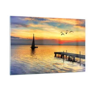 Glasbild - Bild auf glas - Segelboot und Pier bei Sonnenuntergang auf einem ruhigen See - 120x80cm - Abendrückkehr - Moderne Wanddekoration für Wohnzimmer und Schlafzimmer ARTTOR