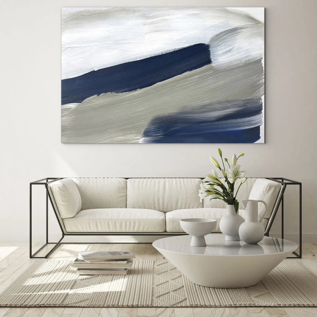 Glasbild - Bild auf glas - Minimalistische Abstraktion mit dynamischen Strichen in Weiß, Marineblau und Grau. - 70x50cm - Begegnung mit dem Weißsein - Moderne Wanddekoration für Wohnzimmer und Schlafzimmer ARTTOR