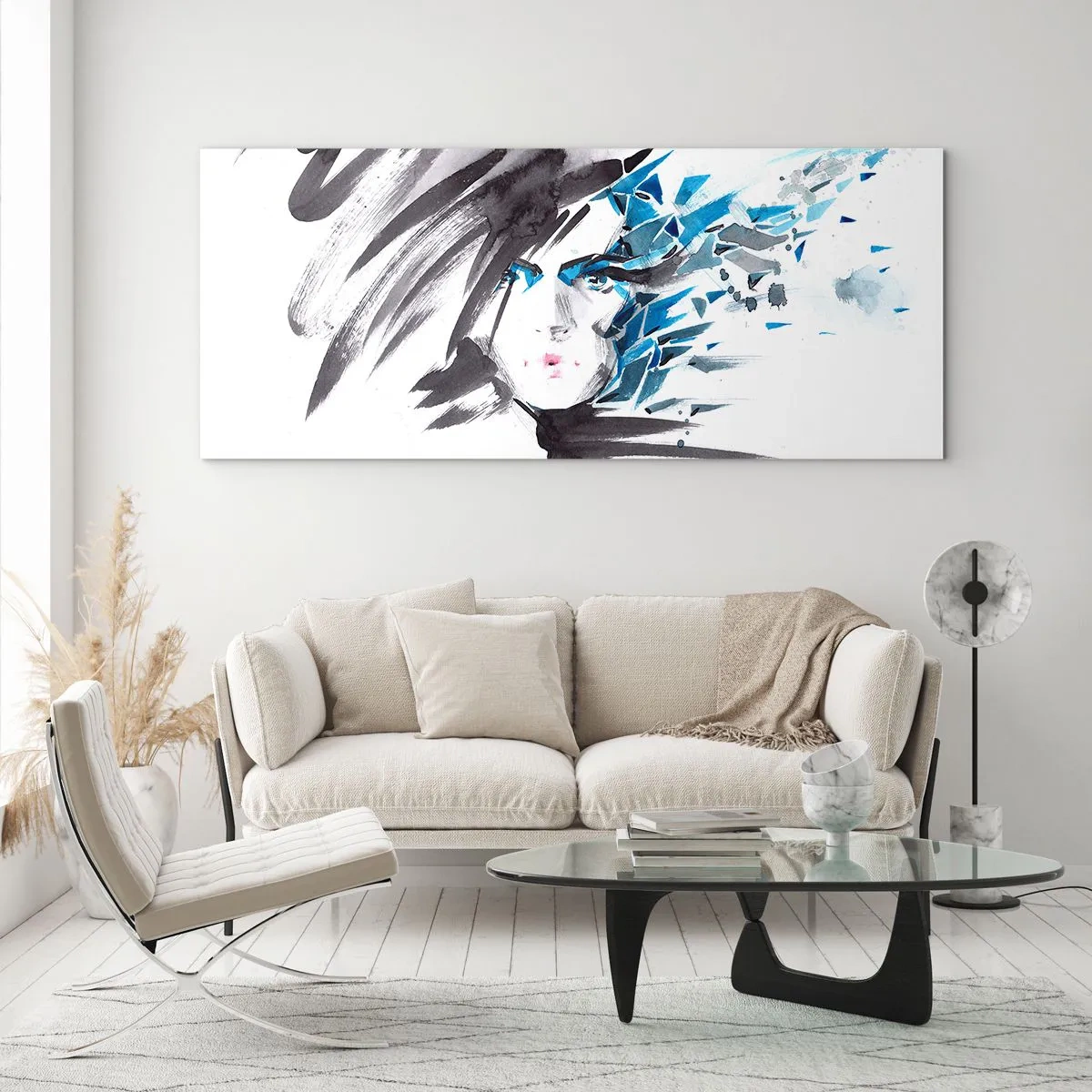 Glasbild - Bild auf glas - Künstlerische Aquarell-Gesichtsbemalung mit blauen Akzenten - 120x50cm - Sinnliches Portrait in Grau und Blau - Moderne Wanddekoration für Wohnzimmer und Schlafzimmer ARTTOR