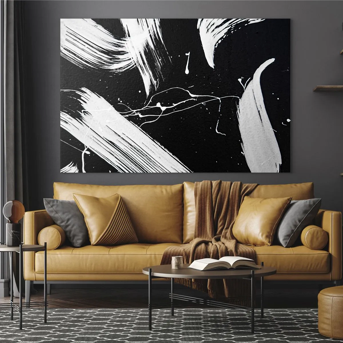 Glasbild - Bild auf glas - Weiße Pinselstriche auf schwarzem Hintergrund - 70x50cm - Dunkelheit durchbrechen - Moderne Wanddekoration für Wohnzimmer und Schlafzimmer ARTTOR