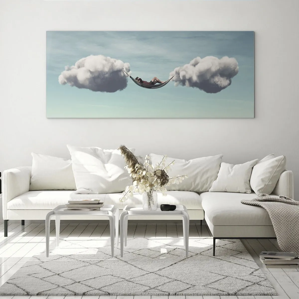 Glasbild - Bild auf glas - Eine Person entspannt in einer Hängematte in den Wolken - 120x50cm - Die Behaglichkeit des Augenblicks - Moderne Wanddekoration für Wohnzimmer und Schlafzimmer ARTTOR