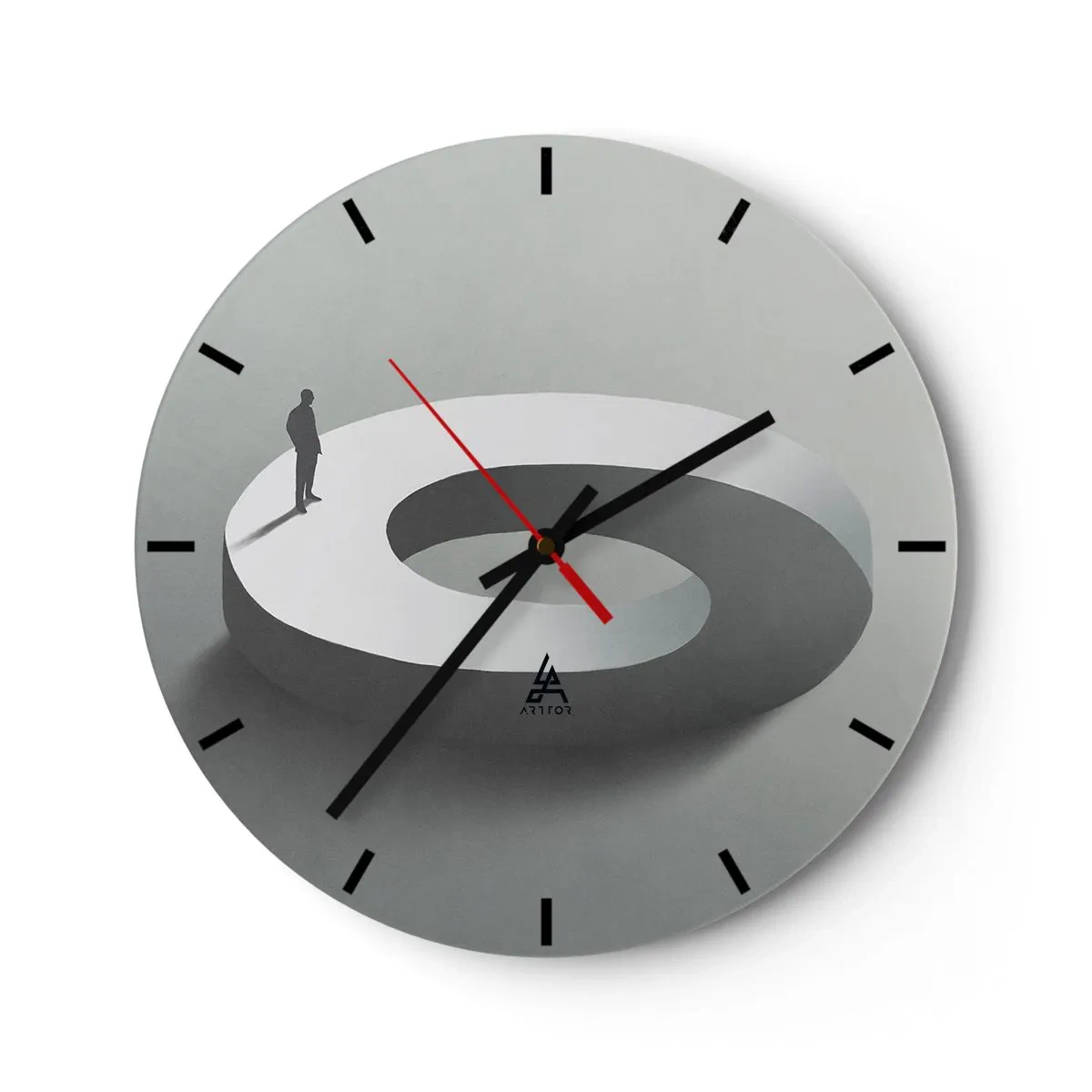 Wanduhr - Glasuhr - Eine schwarze Silhouette eines Mannes, der auf einer weißen Spiralbahn steht. - 30x30cm - Und wie soll man davon klug werden - Moderne Wanddekoration für Wohnzimmer, Küche und Schlafzimmer ARTTOR