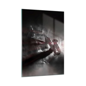 Glasbild - Bild auf glas - Saxophonist in einer Rauchwolke in Schwarz und Weiß - 50x70cm - In den Dämpfen des Jazz - Moderne Wanddekoration für Wohnzimmer und Schlafzimmer ARTTOR