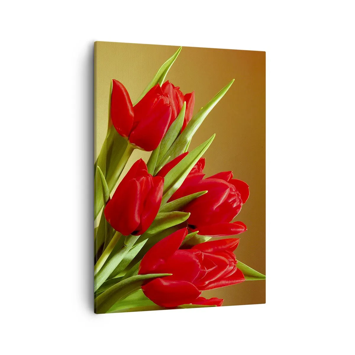 Bild auf Leinwand - Leinwandbild - Ein Strauß roter Tulpen auf goldenem Hintergrund mit grünen Blättern. - 50x70cm - Ein Haufen Frühlingsfreude - Moderne Wanddekoration für Wohnzimmer und Schlafzimmer ARTTOR