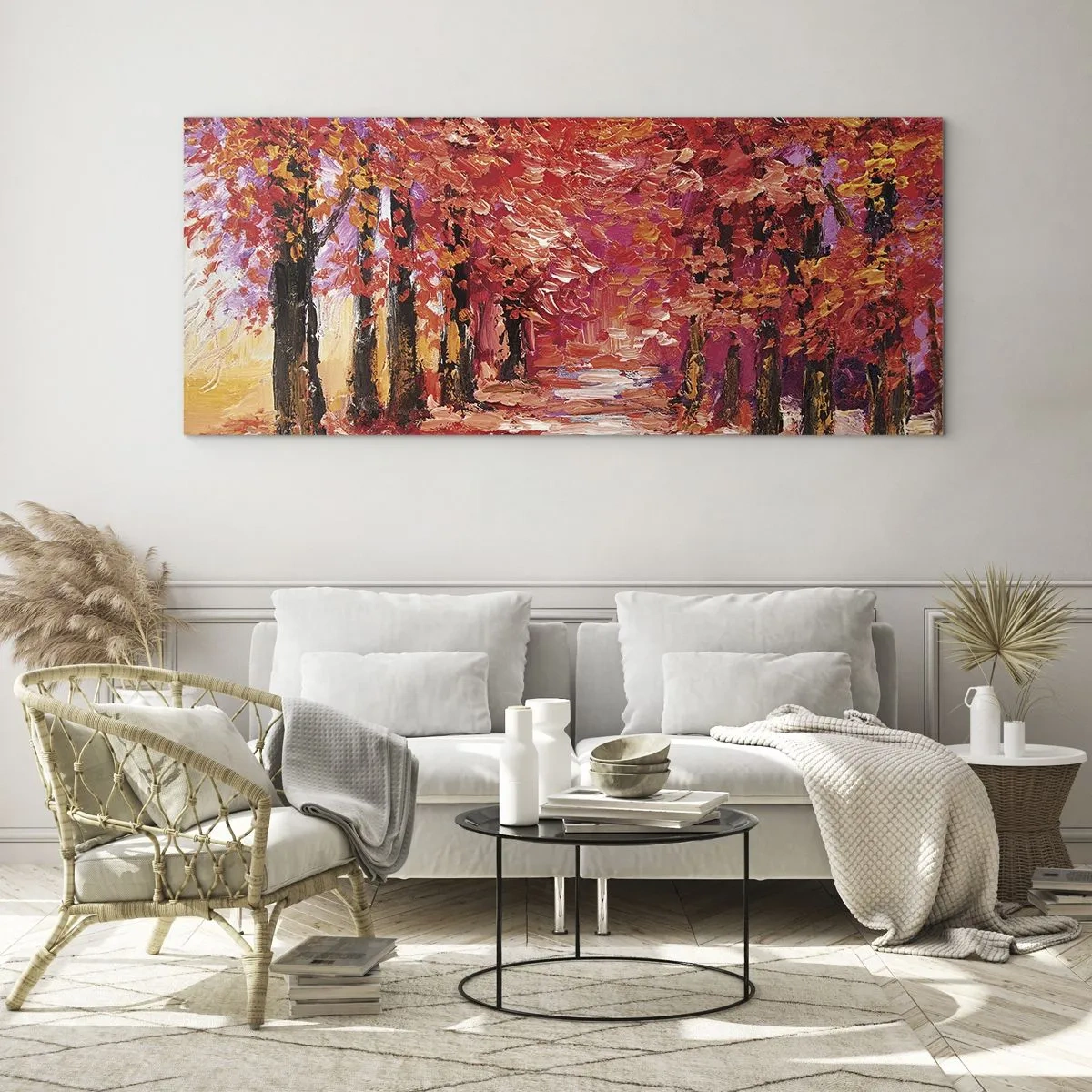 Glasbild - Bild auf glas - Eine malerische Gasse in herbstlichen Farben im impressionistischen Stil - 140x50cm - Herbstlicher Eindruck - Moderne Wanddekoration für Wohnzimmer und Schlafzimmer ARTTOR