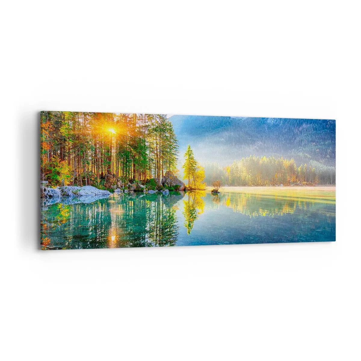 Bild auf Leinwand - Leinwandbild - Ein See, umgeben von Bergen und Wäldern in den Strahlen der Sonne - 120x50cm - Majestät und Süße - Moderne Wanddekoration für Wohnzimmer und Schlafzimmer ARTTOR