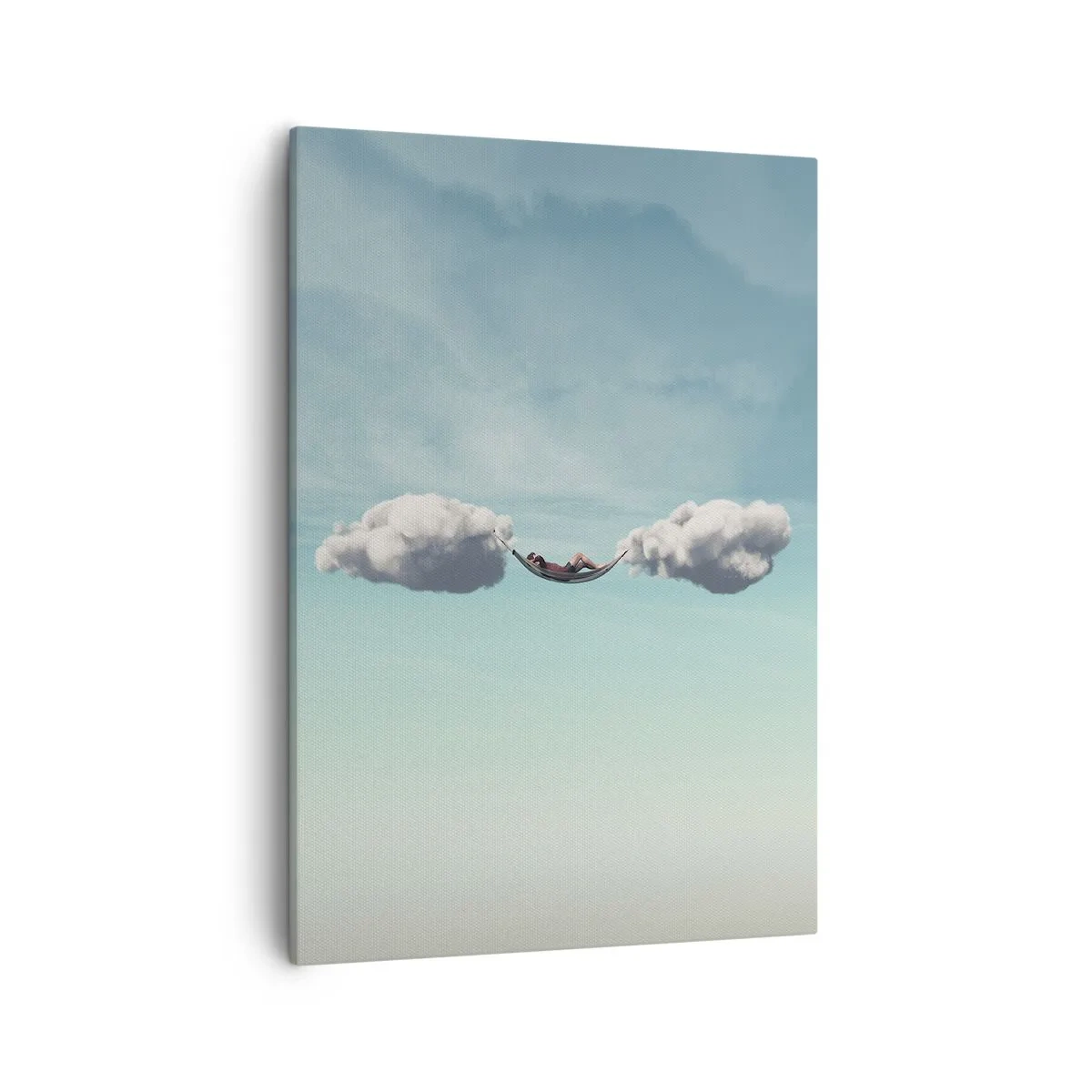 Bild auf Leinwand - Leinwandbild - Eine Person entspannt in einer Hängematte in den Wolken - 50x70cm - Die Behaglichkeit des Augenblicks - Moderne Wanddekoration für Wohnzimmer und Schlafzimmer ARTTOR