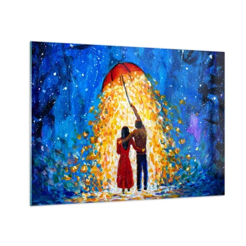 Glasbild - Bild auf glas - Ein Paar unter einem Regenschirm, umgeben von goldenem Licht vor dem Nachthimmel - 70x50cm - Zauber eines Regenabends? - Moderne Wanddekoration für Wohnzimmer und Schlafzimmer ARTTOR