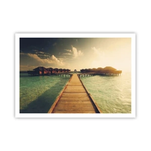 Poster - Ein Holzsteg führt zu den Häusern am Wasser, beleuchtet von den Sonnenstrahlen. - 100x70cm - Eine herzliche Einladung - Moderne Wanddekoration für Wohnzimmer und Schlafzimmer ARTTOR