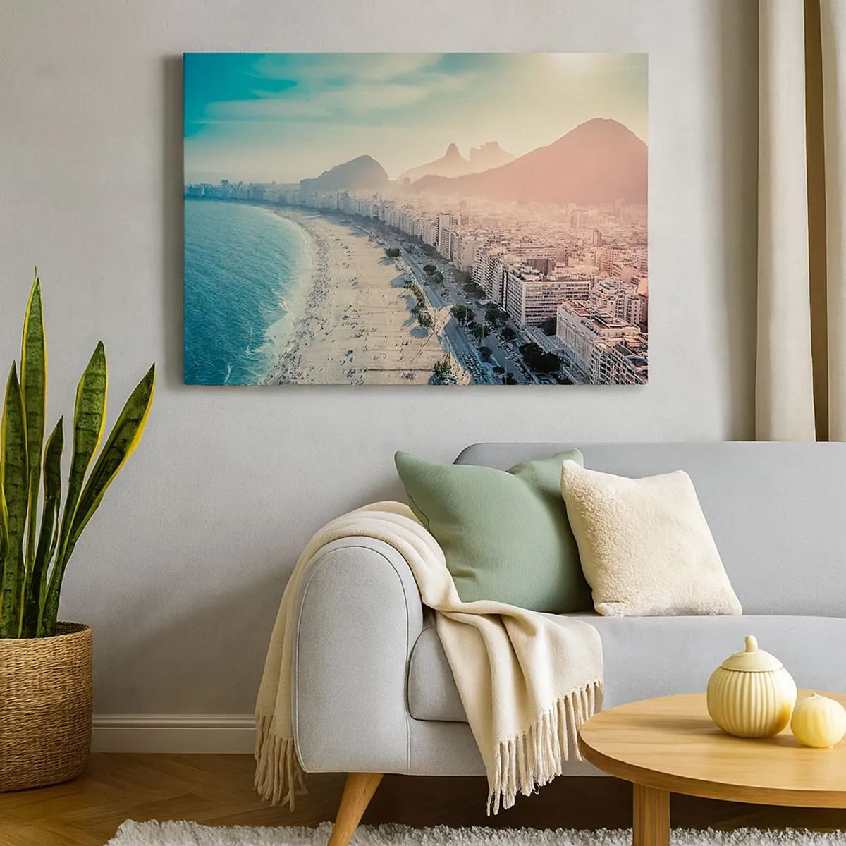 Bild auf Leinwand - Leinwandbild - Panorama des Copacabana-Strandes mit Bergen im Hintergrund in Rio de Janeiro - 70x50cm - Ewiger Urlaub in Rio - Moderne Wanddekoration für Wohnzimmer und Schlafzimmer ARTTOR