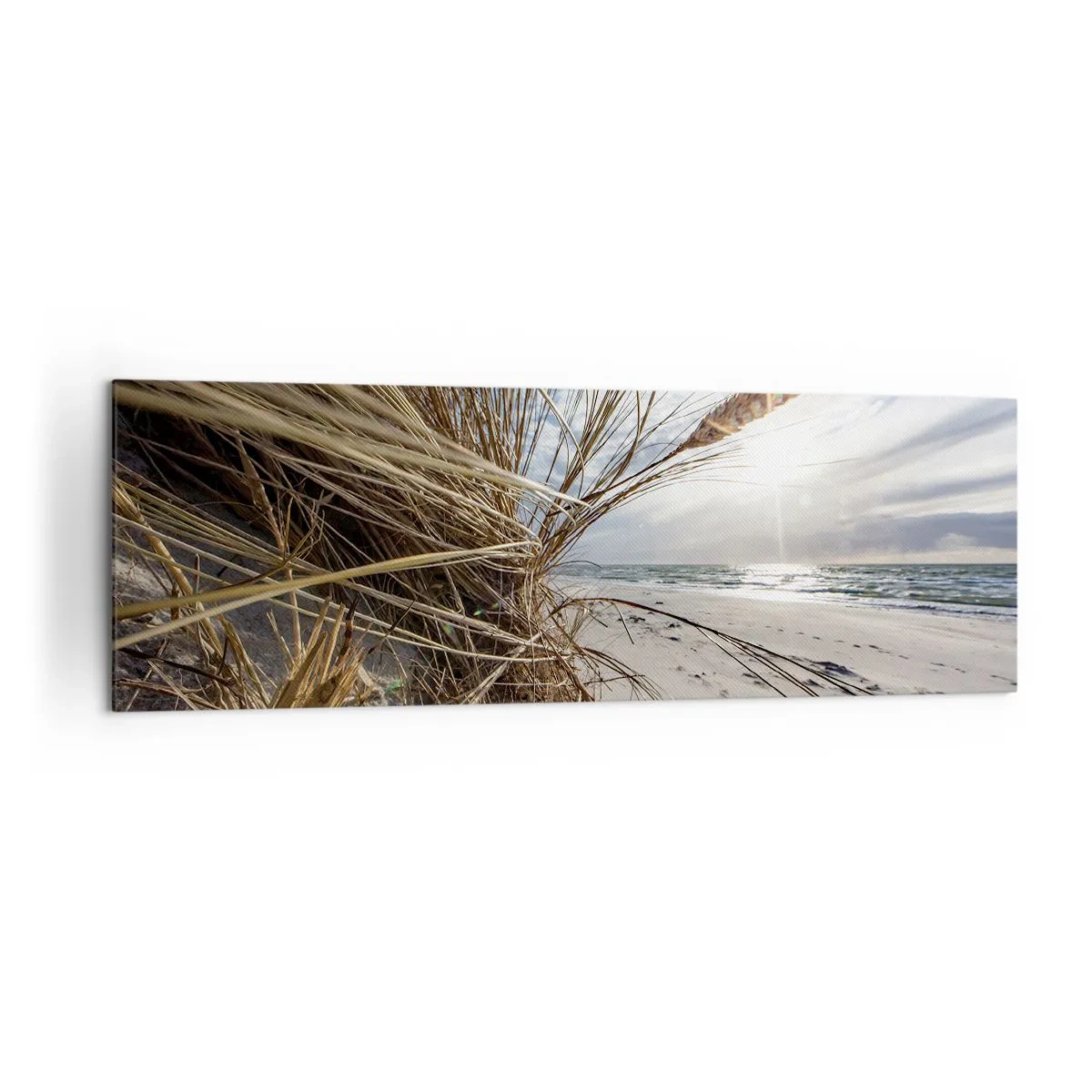 Bild auf Leinwand - Leinwandbild - Ein Strand mit trockenem Gras auf den Dünen und Blick auf das Meer - 160x50cm - Ein Treffen der Elemente der Natur - Moderne Wanddekoration für Wohnzimmer und Schlafzimmer ARTTOR