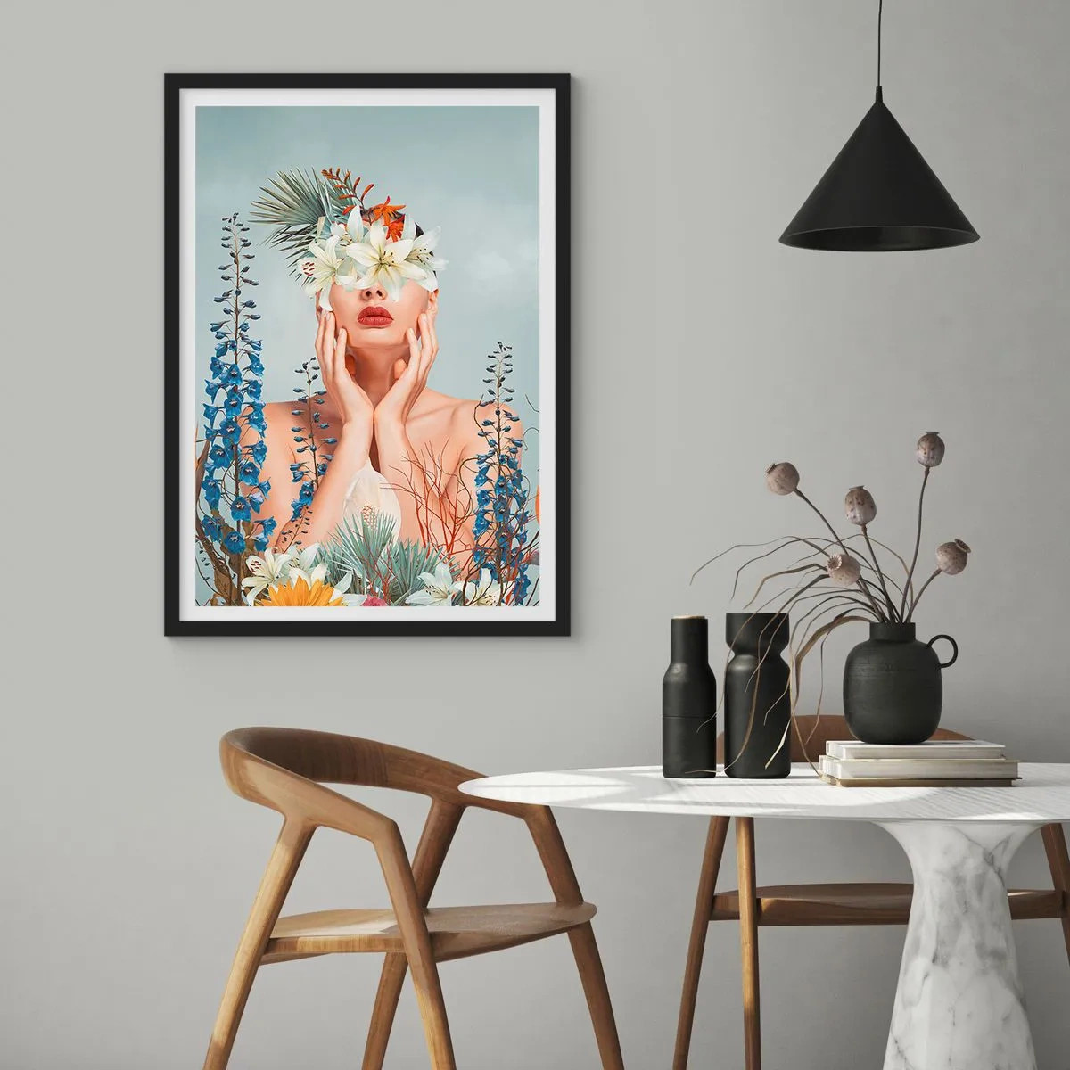 Poster in einem schwarzem Rahmen - Eine Frau, umgeben von Blumen in einer surrealen Komposition - 50x70cm - Frau - Blume - Moderne Wanddekoration für Wohnzimmer und Schlafzimmer ARTTOR