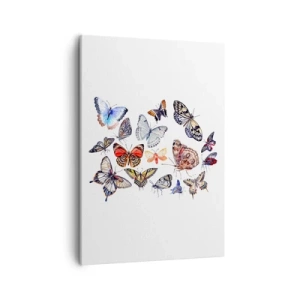 Bild auf Leinwand - Leinwandbild - Bunte Schmetterlinge auf weißem Hintergrund - 50x70cm - Spitzen, bunter Schwarm - Moderne Wanddekoration für Wohnzimmer und Schlafzimmer ARTTOR