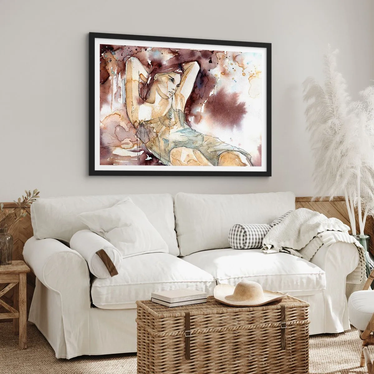 Poster in einem schwarzem Rahmen - Frau im künstlerischen Aquarellstil mit braunem Hintergrund - 70x50cm - In lila Stimmung - Moderne Wanddekoration für Wohnzimmer und Schlafzimmer ARTTOR