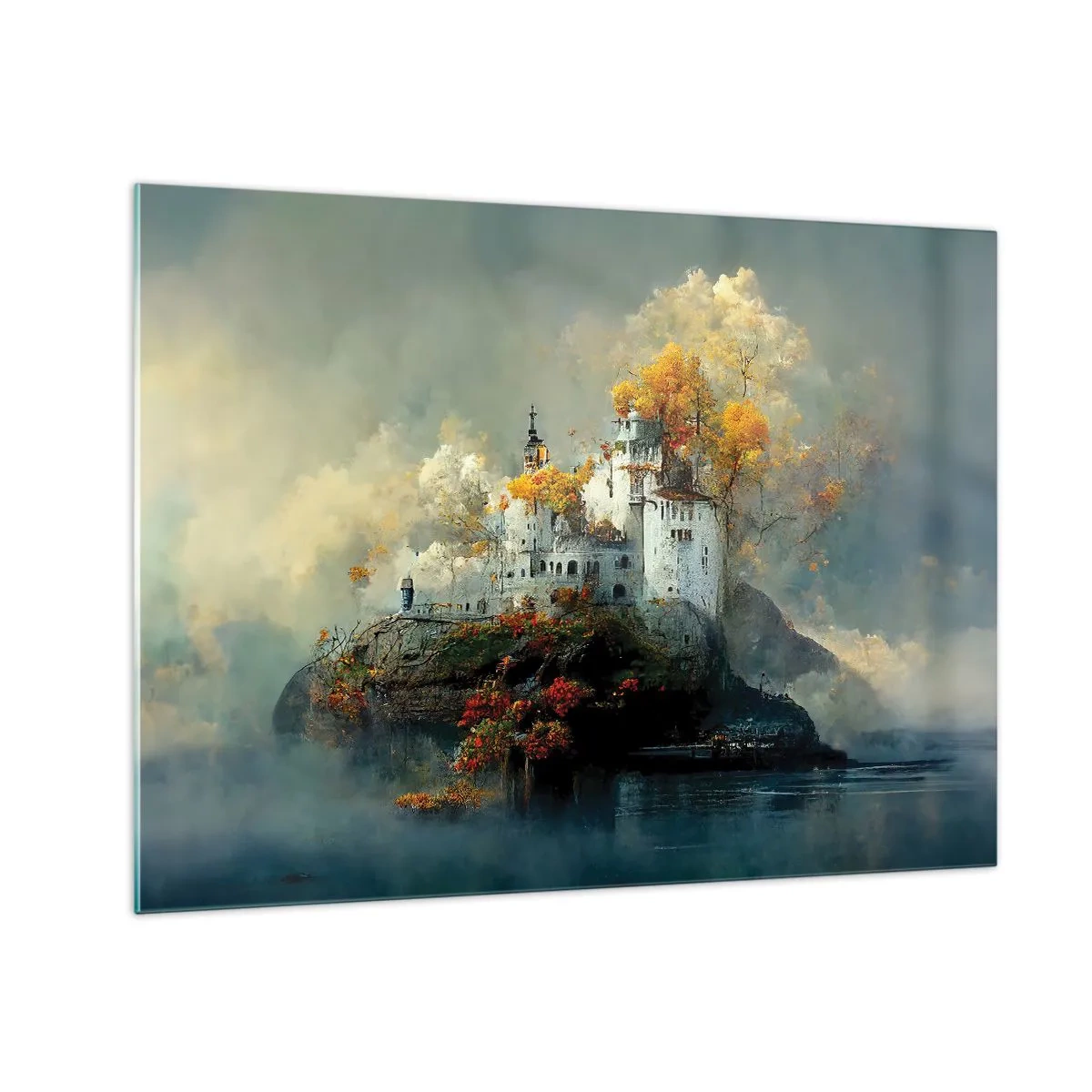 Glasbild - Bild auf glas - Eine Burg auf einem Felsen, umgeben von Nebel und Herbstbäumen - 70x50cm - Beginn einer romantischen Geschichte - Moderne Wanddekoration für Wohnzimmer und Schlafzimmer ARTTOR