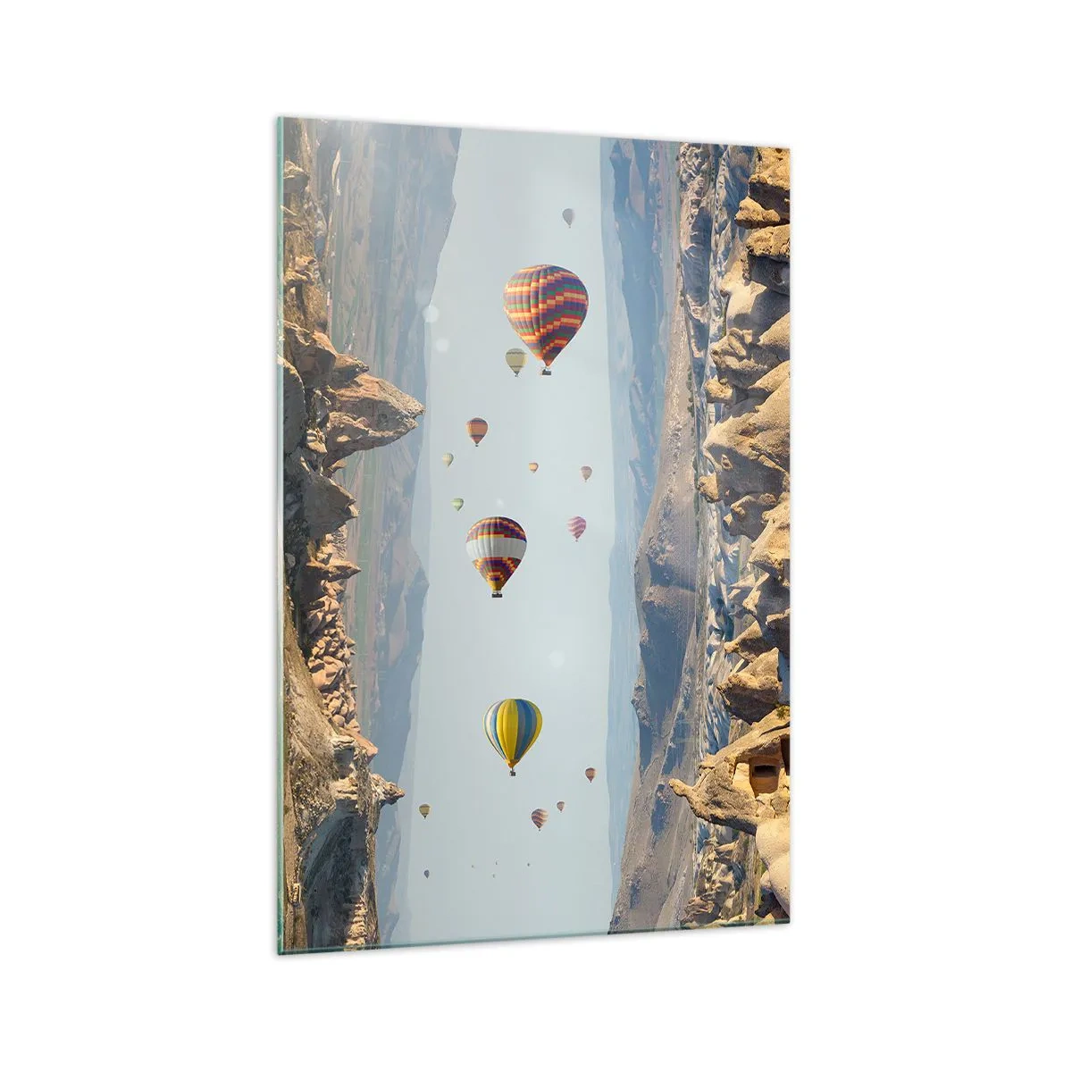 Glasbild - Bild auf glas - Bunte Ballons über einer felsigen Landschaft - 70x100cm - Hier ist alles möglich - Moderne Wanddekoration für Wohnzimmer und Schlafzimmer ARTTOR