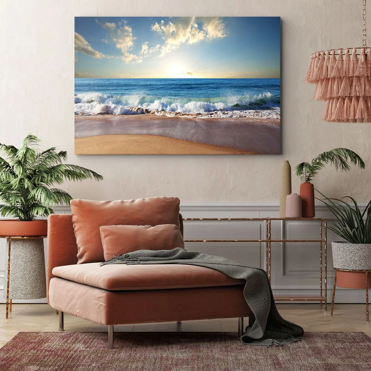 Bild auf Leinwand - Leinwandbild - Ein sonniger Strand mit Wellen, die an die Küste krachen - 120x80cm - Bewegung und Stille zugleich - Moderne Wanddekoration für Wohnzimmer und Schlafzimmer ARTTOR
