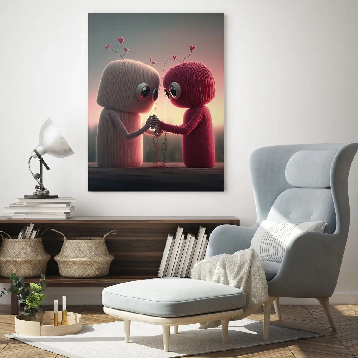 Glasbild - Bild auf glas - Zwei Garnfiguren halten Händchen mit Herzen - 50x70cm - Jeder darf lieben - Moderne Wanddekoration für Wohnzimmer und Schlafzimmer ARTTOR