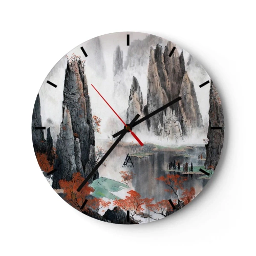 Wanduhr - Glasuhr - Traditionelle Berglandschaft mit Nebel und roten Bäumen - 30x30cm - Mächtige Wächter - Moderne Wanddekoration für Wohnzimmer, Küche und Schlafzimmer ARTTOR