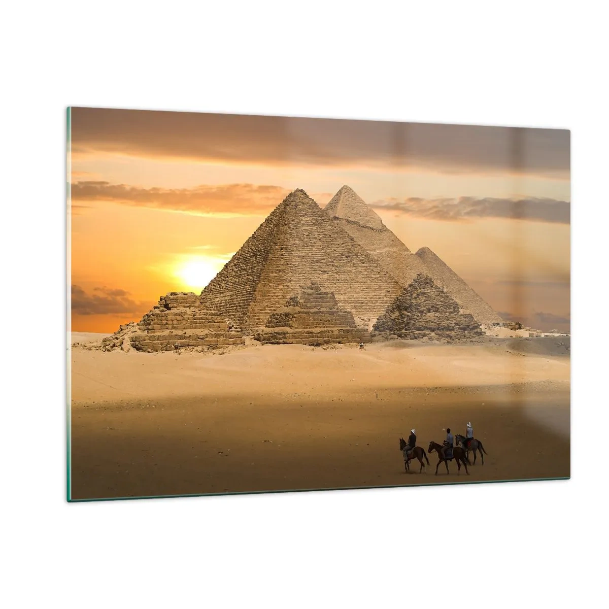 Glasbild - Bild auf glas - Die Pyramiden von Gizeh bei Sonnenuntergang mit Reitern auf Pferden - 120x80cm - Seit Tausenden von Jahren keine Veränderung - Moderne Wanddekoration für Wohnzimmer und Schlafzimmer ARTTOR