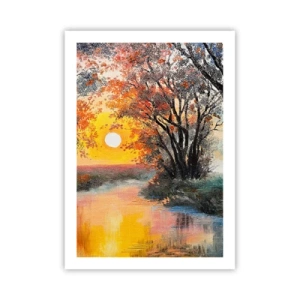 Poster - Sonnenuntergang über einem Fluss mit Bäumen - 50x70cm - Herbststimmung - Moderne Wanddekoration für Wohnzimmer und Schlafzimmer ARTTOR