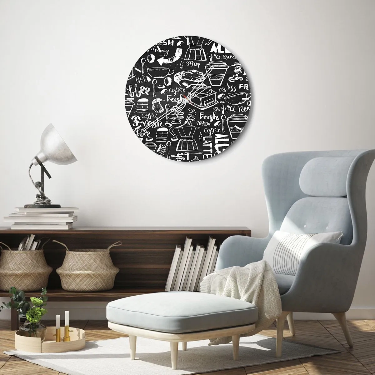 Wanduhr - Glasuhr - Kaffeemotiv im Stil einer Kreidezeichnung auf schwarzem Hintergrund - 30x30cm - Alles was Sie brauchen ist… - Moderne Wanddekoration für Wohnzimmer, Küche und Schlafzimmer ARTTOR