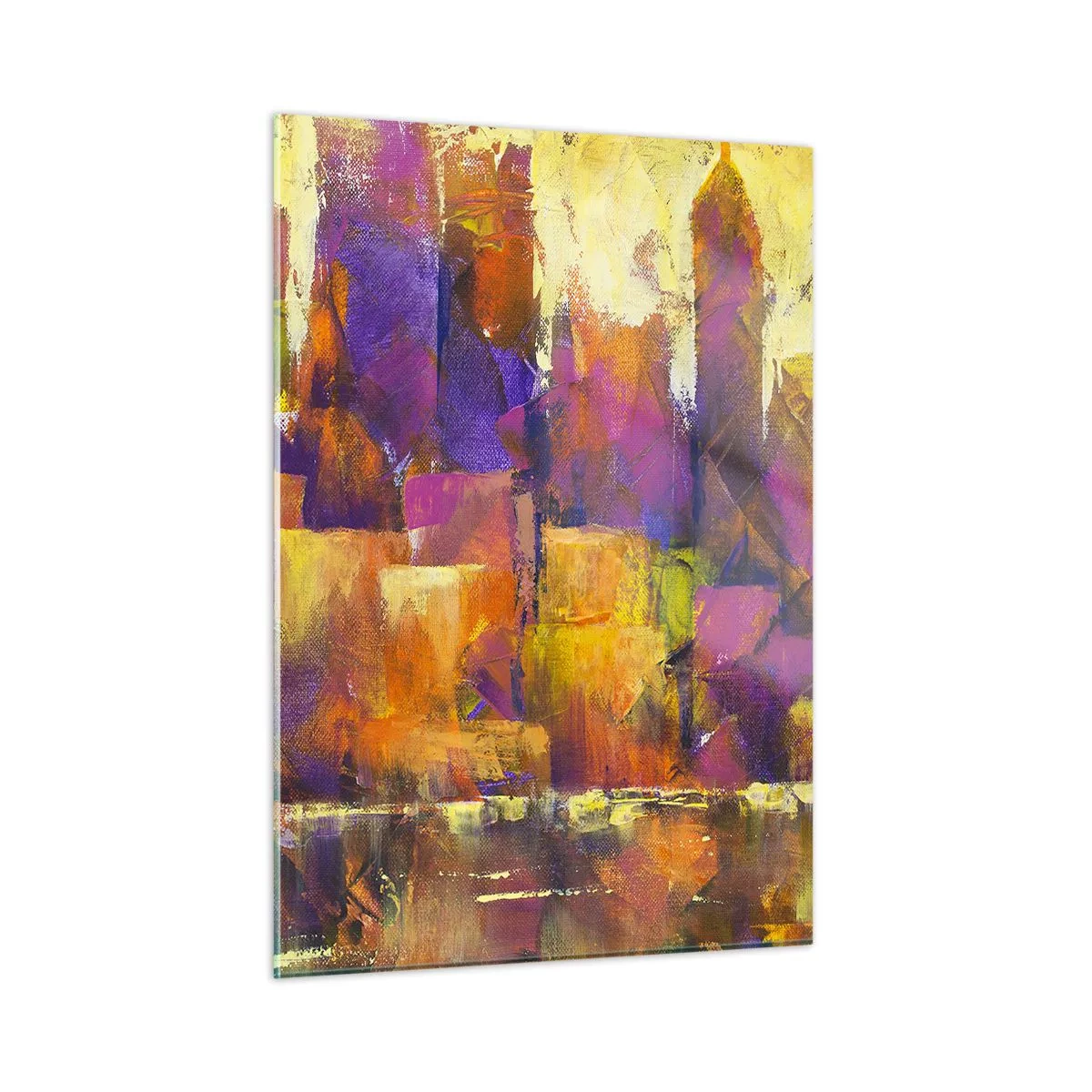 Glasbild - Bild auf glas - Eine abstrakte Metropole in warmen Farben mit violetten Akzenten. - 50x70cm - Metropolitische Komposition - Moderne Wanddekoration für Wohnzimmer und Schlafzimmer ARTTOR