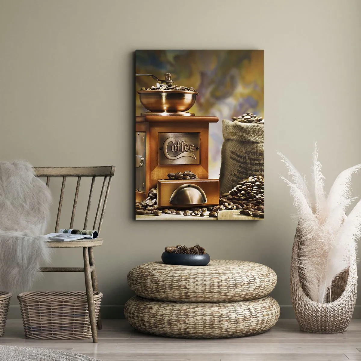 Bild auf Leinwand - Leinwandbild - Kaffeemühle mit Bohnen und einer Tasse auf dem Hintergrund - 80x120cm - Das Knirschen der Körner, das Rasseln einer Mühle - Moderne Wanddekoration für Wohnzimmer und Schlafzimmer ARTTOR