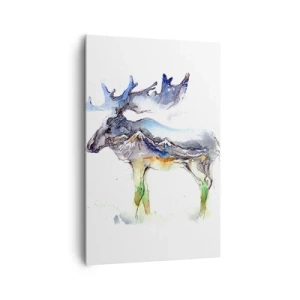 Bild auf Leinwand - Leinwandbild - Aquarell-Silhouette eines Elches mit Berglandschaft - 80x120cm - Der Held eines Wintermärchens - Moderne Wanddekoration für Wohnzimmer und Schlafzimmer ARTTOR