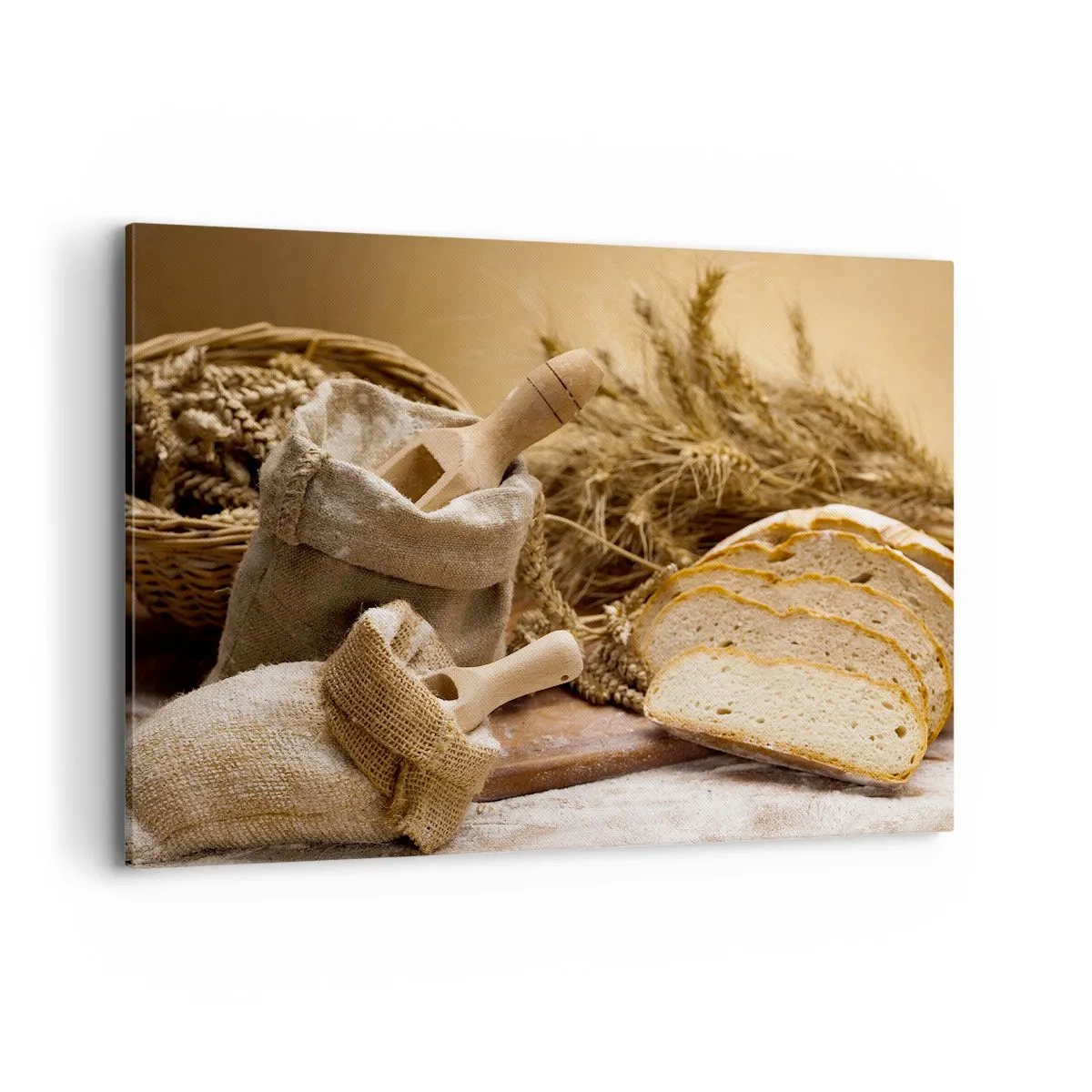 Bild auf Leinwand - Leinwandbild - Eine Landschaft mit Brot, Mehl und Ähren im rustikalen Stil. - 100x70cm - Wie mit einem Messer geschnitten - Moderne Wanddekoration für Wohnzimmer und Schlafzimmer ARTTOR