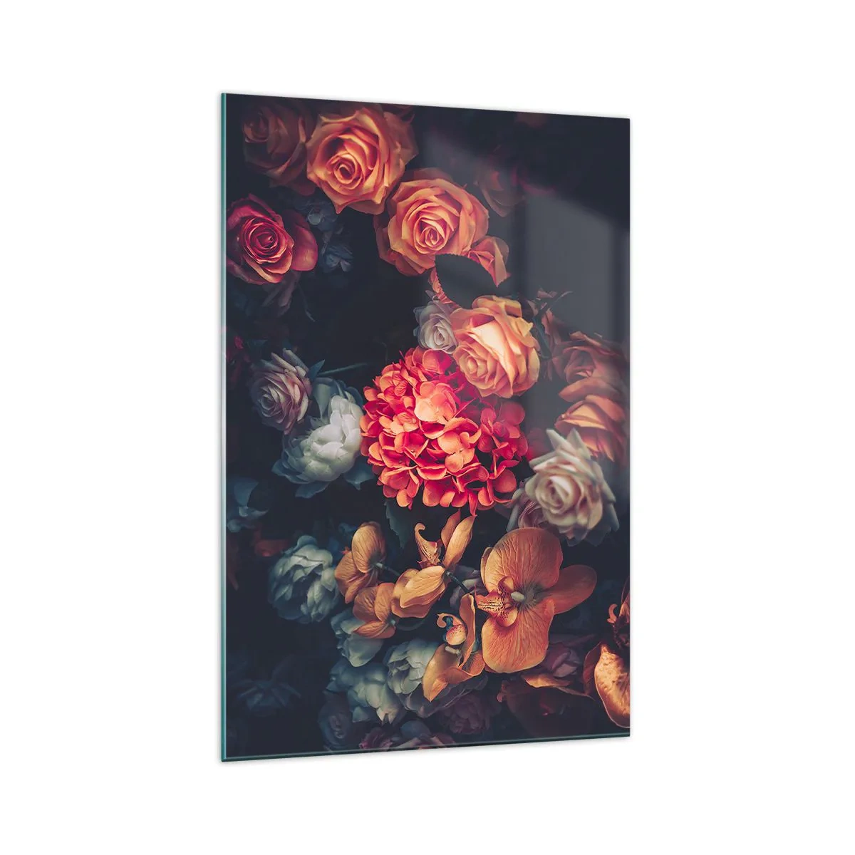 Glasbild - Bild auf glas - Ein Strauß verschiedener Blumen in dunklen Tönen - 70x100cm - Wie bei den holländischen Meistern - Moderne Wanddekoration für Wohnzimmer und Schlafzimmer ARTTOR