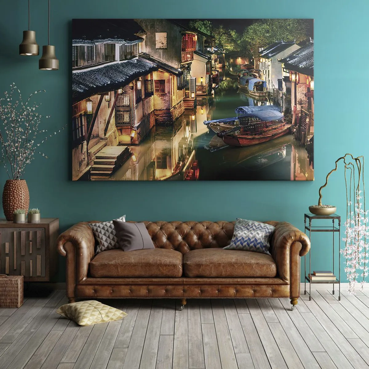Bild auf Leinwand - Leinwandbild - Nachtansicht der Kanäle mit traditionellen Booten und Häusern - 70x50cm - Ein Abend auf einer chinesischen Straße - Moderne Wanddekoration für Wohnzimmer und Schlafzimmer ARTTOR