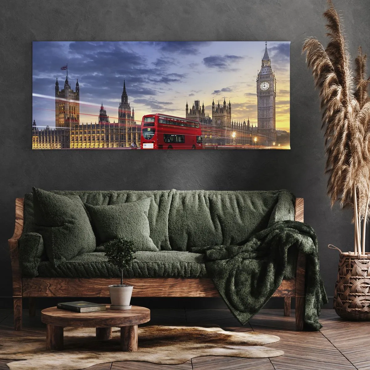 Bild auf Leinwand - Leinwandbild - Ein roter Bus mit Big Ben und den Houses of Parliament im Hintergrund in der Abenddämmerung. - 140x50cm - Spezielle Charaktere - Moderne Wanddekoration für Wohnzimmer und Schlafzimmer ARTTOR