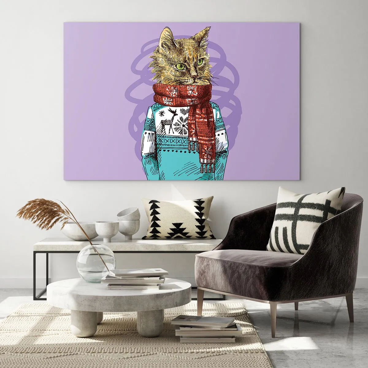 Glasbild - Bild auf glas - Eine Katze in Pullover und Schal auf violettem Hintergrund - 70x50cm - Die Katze nicht nur in Schuhen - Moderne Wanddekoration für Wohnzimmer und Schlafzimmer ARTTOR