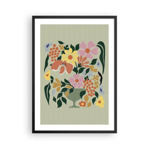 Poster in einem schwarzem Rahmen - Ein buntes Blumenarrangement in einer dekorativen Vase auf grünem Hintergrund - 50x70cm - Strauß voller Leben - Moderne Wanddekoration für Wohnzimmer und Schlafzimmer ARTTOR