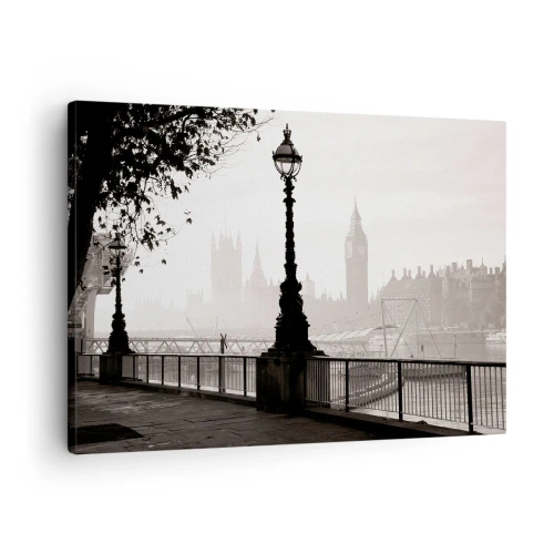 Bild auf Leinwand - Leinwandbild - Eine monochrome Ansicht von Big Ben und der Themse. - 70x50cm - Londoner Morgen - Moderne Wanddekoration für Wohnzimmer und Schlafzimmer ARTTOR