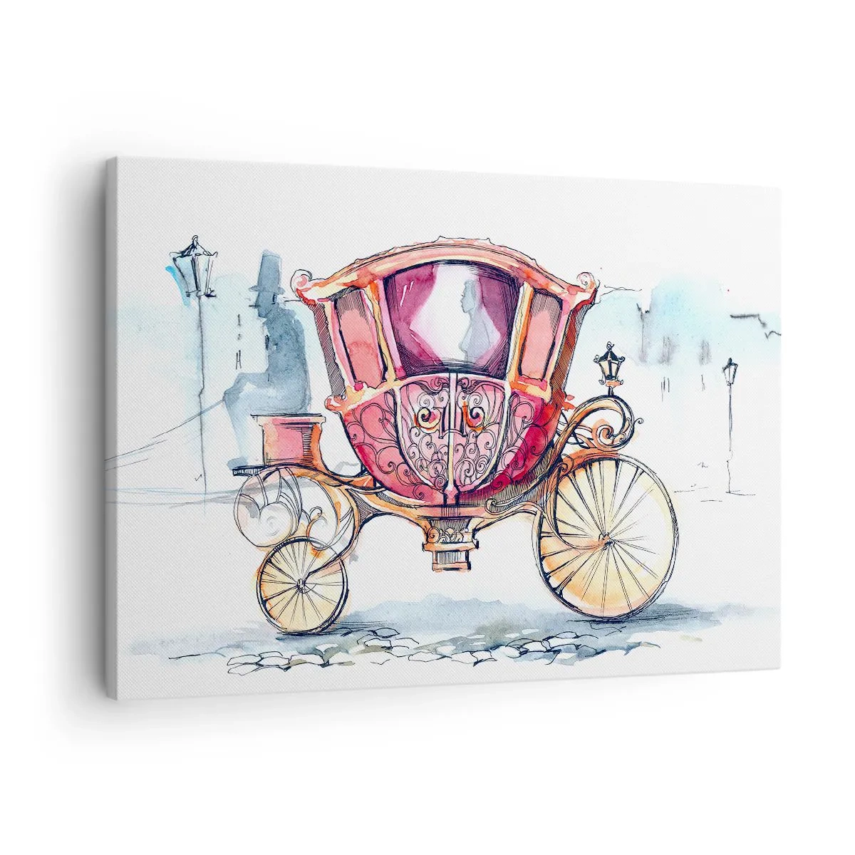 Bild auf Leinwand - Leinwandbild - Eine stilvolle Illustration einer antiken Kutsche in Pastellfarben. - 70x50cm - Zur Hochzeit oder zum Abschlussball? - Moderne Wanddekoration für Wohnzimmer und Schlafzimmer ARTTOR