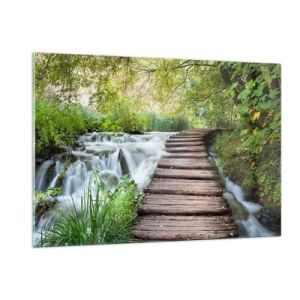 Glasbild - Bild auf glas - Eine Brücke im Wald über einen Bach - 120x80cm - Das Wasser ist überhaupt nicht ruhig - Moderne Wanddekoration für Wohnzimmer und Schlafzimmer ARTTOR