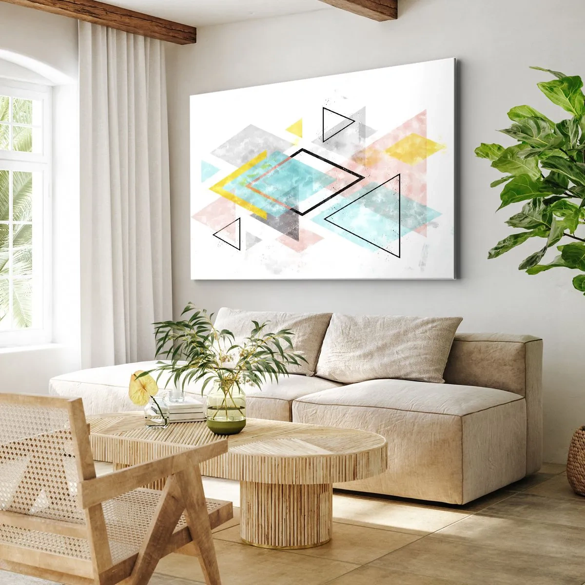 Bild auf Leinwand - Leinwandbild - Bunte geometrische Muster auf weißem Hintergrund - 70x50cm - Geometrisches Spiel - Moderne Wanddekoration für Wohnzimmer und Schlafzimmer ARTTOR